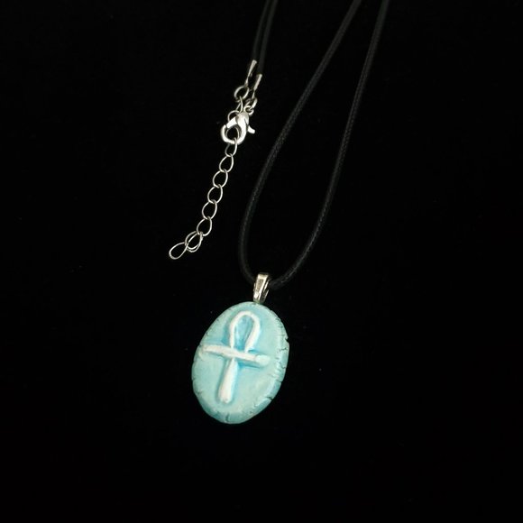 Handmade Ceramic Light Blue Ankh or Key of Life Pendant Necklace - Picture 5 of 14